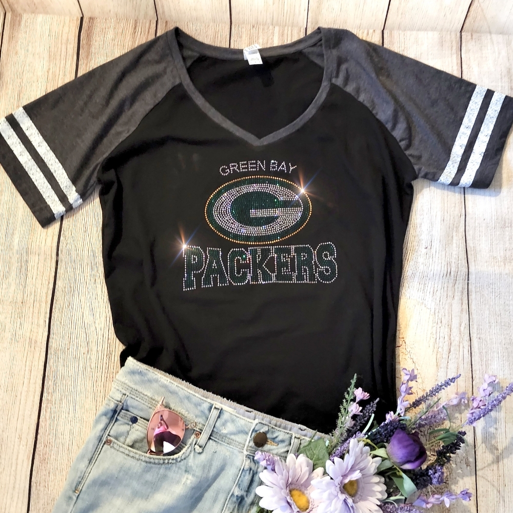 New Green Bay Packers Rhinestone V-Neck Womens V-Neck T-shirt Bling